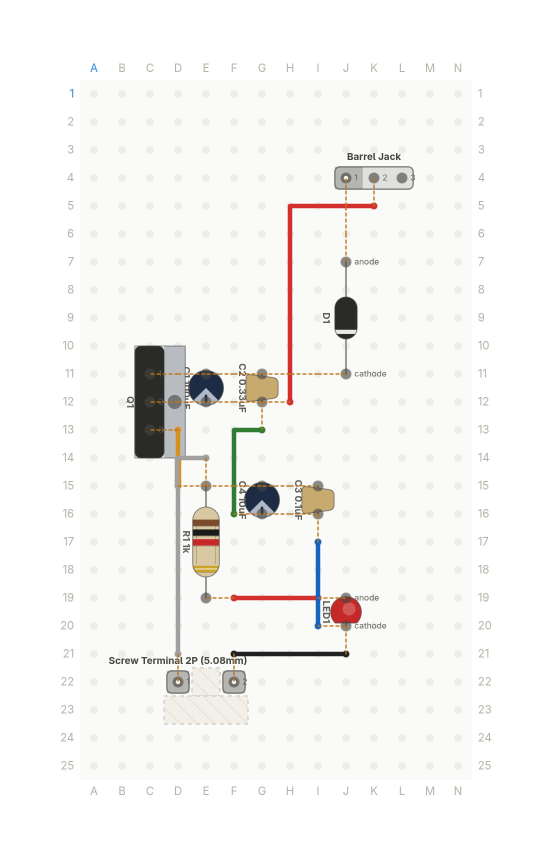 Perfboard layout of The most-built circuit in electronics