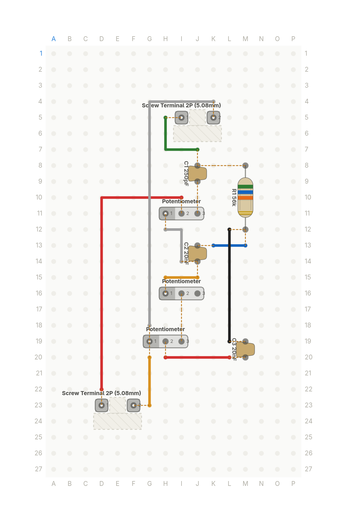 Perfboard layout of A Fender amp's treble, middle and bass knobs are just this