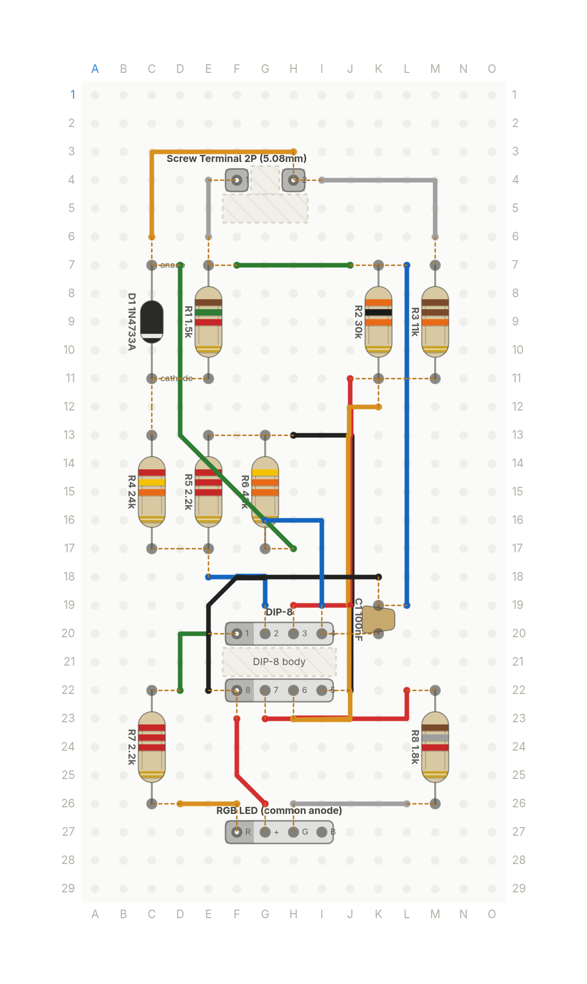 Perfboard layout of This LED tells you how dead your battery is