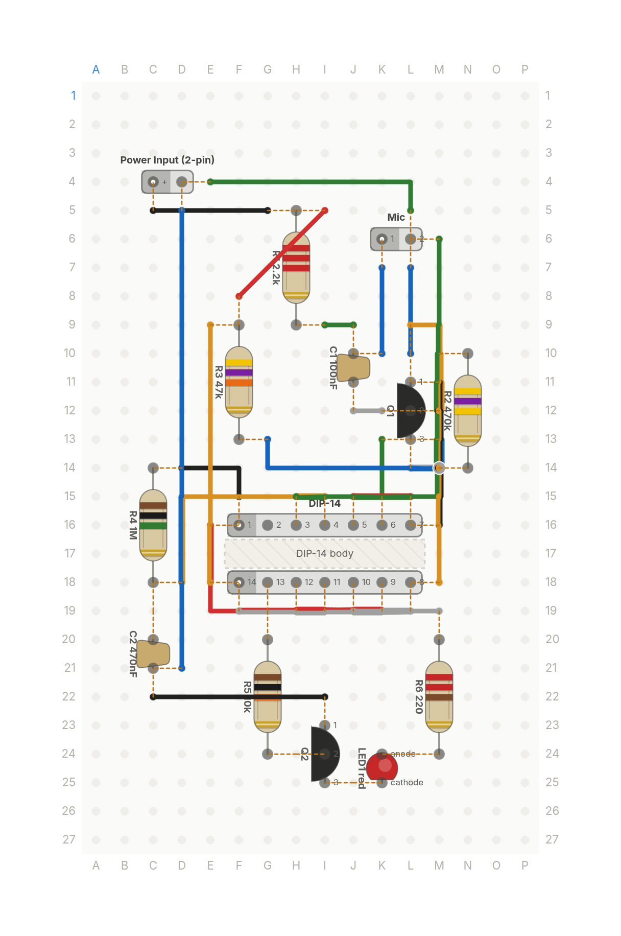 Perfboard layout of The Clapper, recreated: lights that turn on when you clap