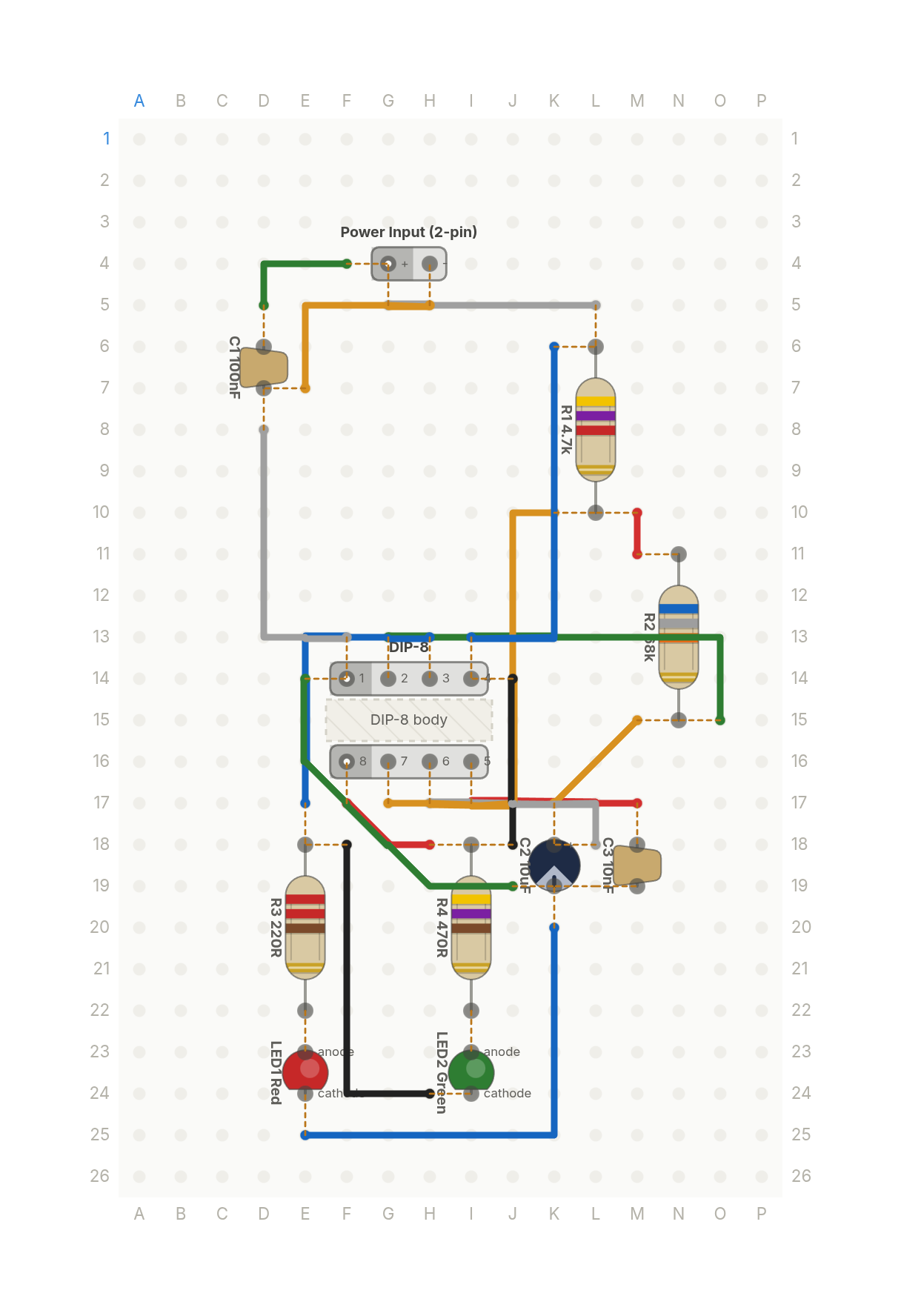 Perfboard layout of The clock every computer runs on, slow enough to see