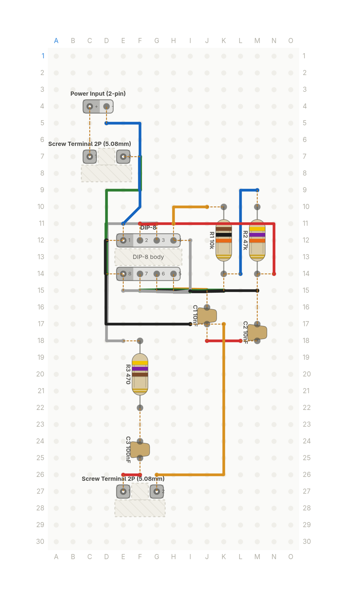 Perfboard layout of The tool every electronics bench has, from one chip
