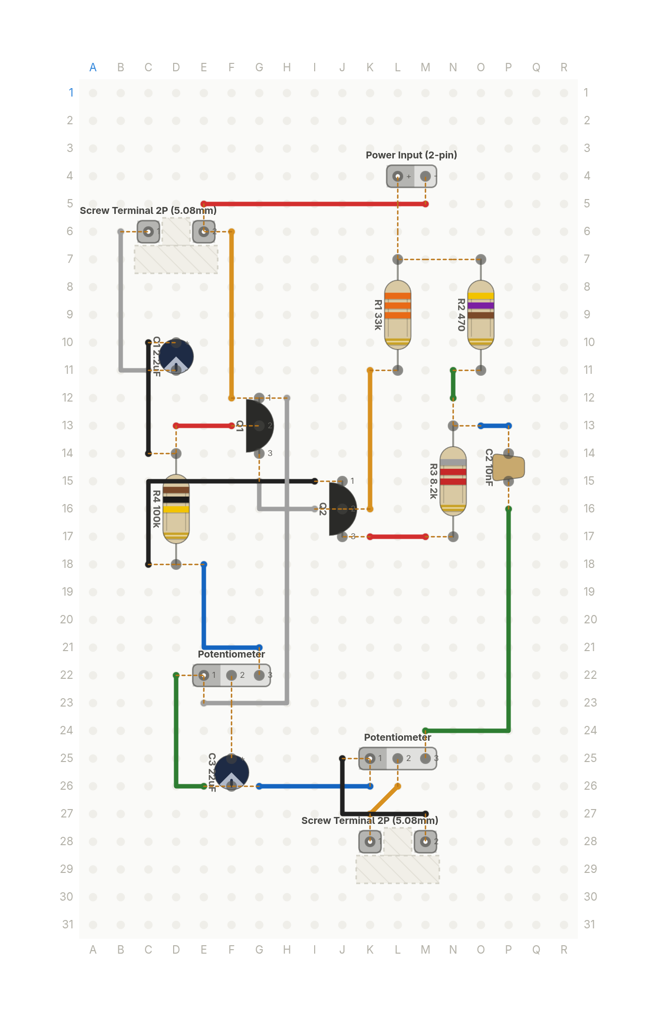 Perfboard layout of The fuzz pedal Jimi Hendrix played