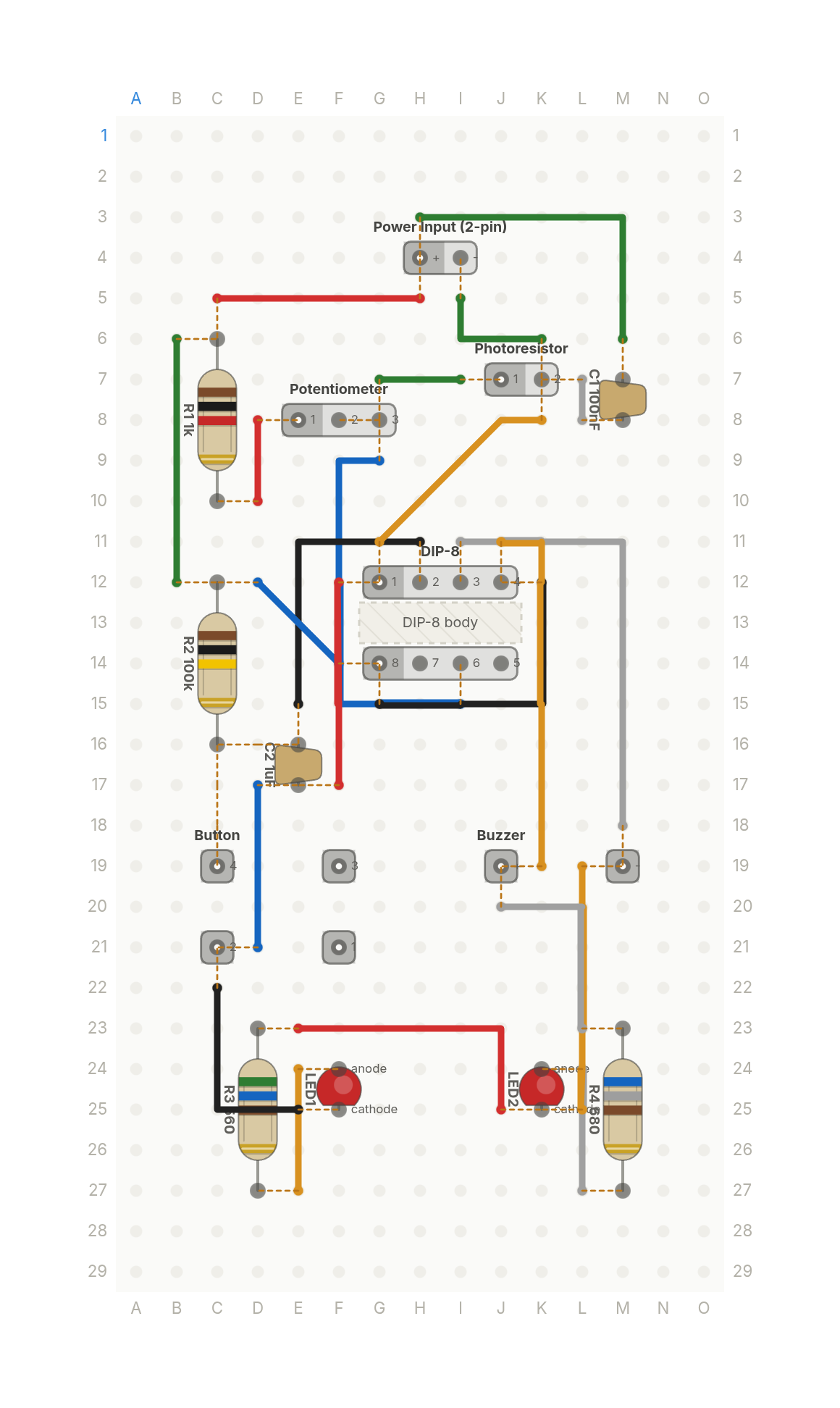 Perfboard layout of A laser tripwire alarm, like in the movies