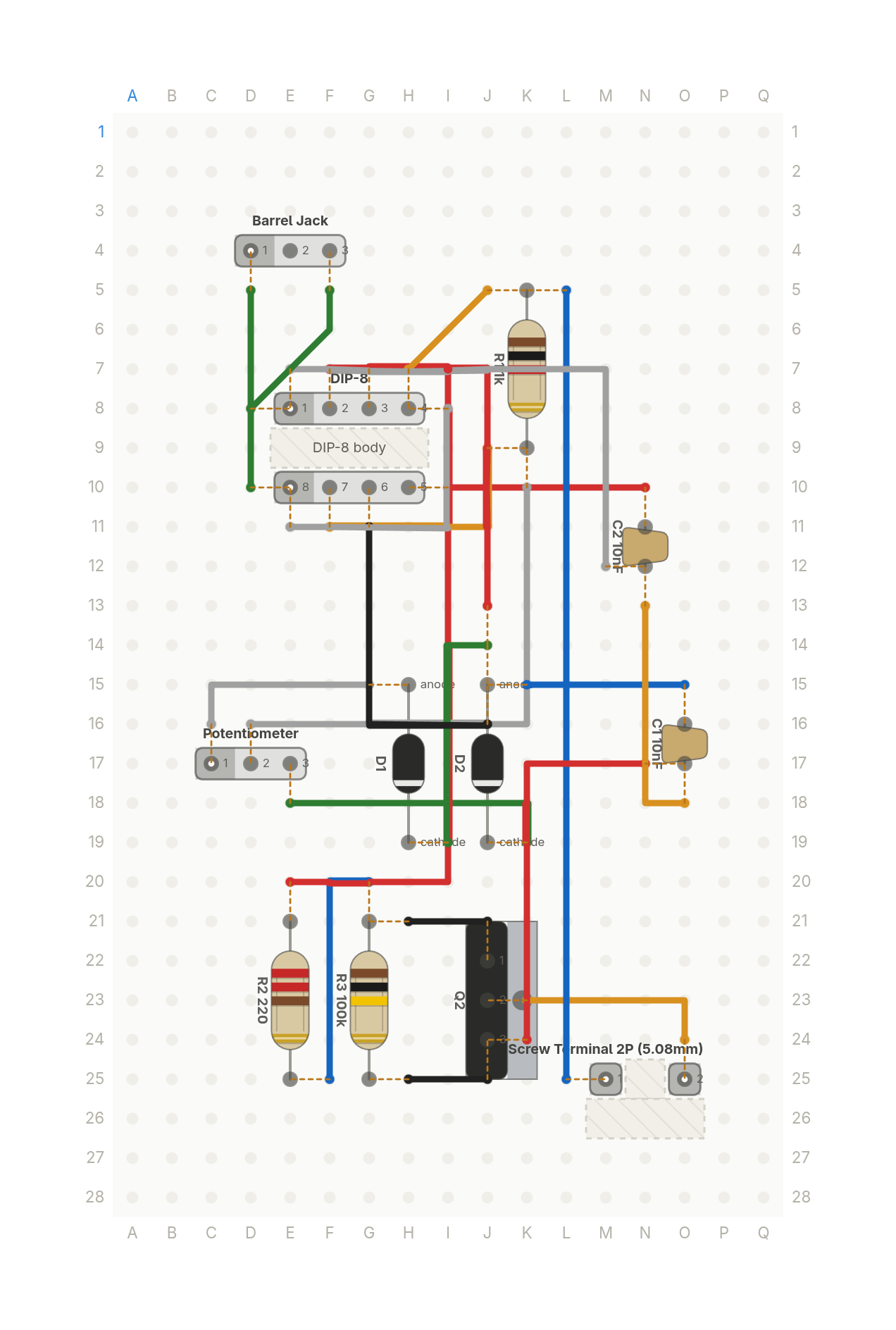 Perfboard layout of One knob dims a 12V LED strip. No code.