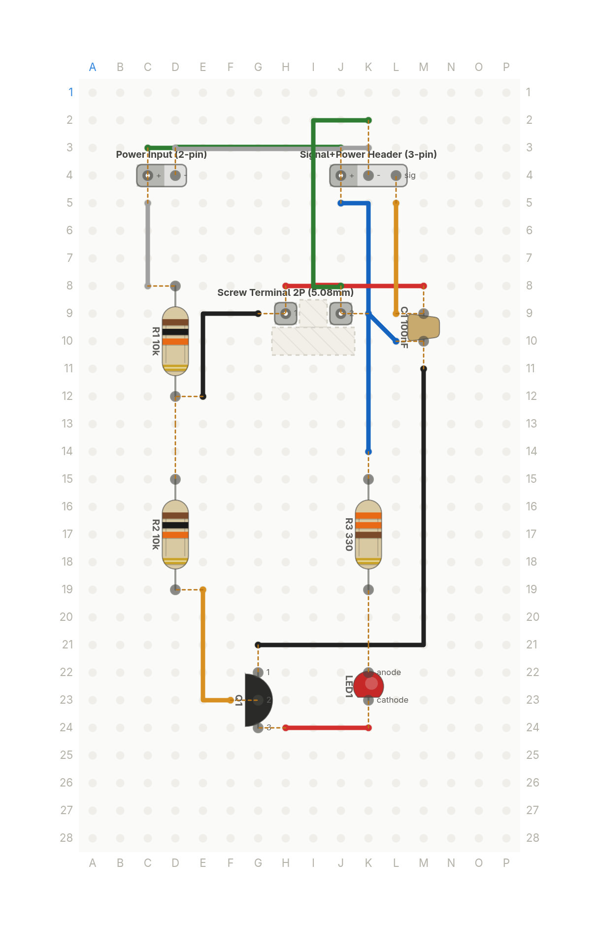 Perfboard layout of Why every button needs this resistor