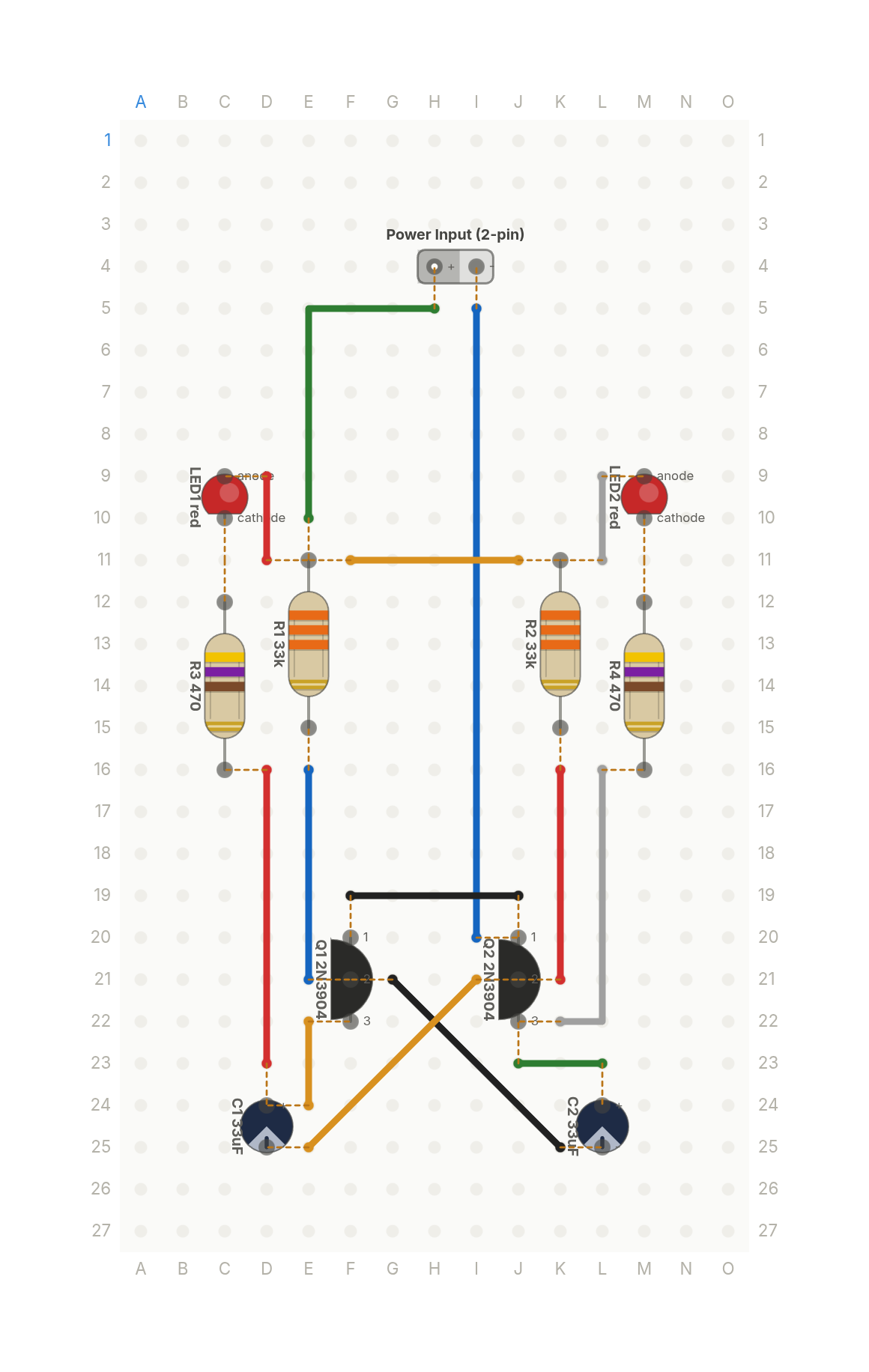 Perfboard layout of A railroad crossing light, from two transistors