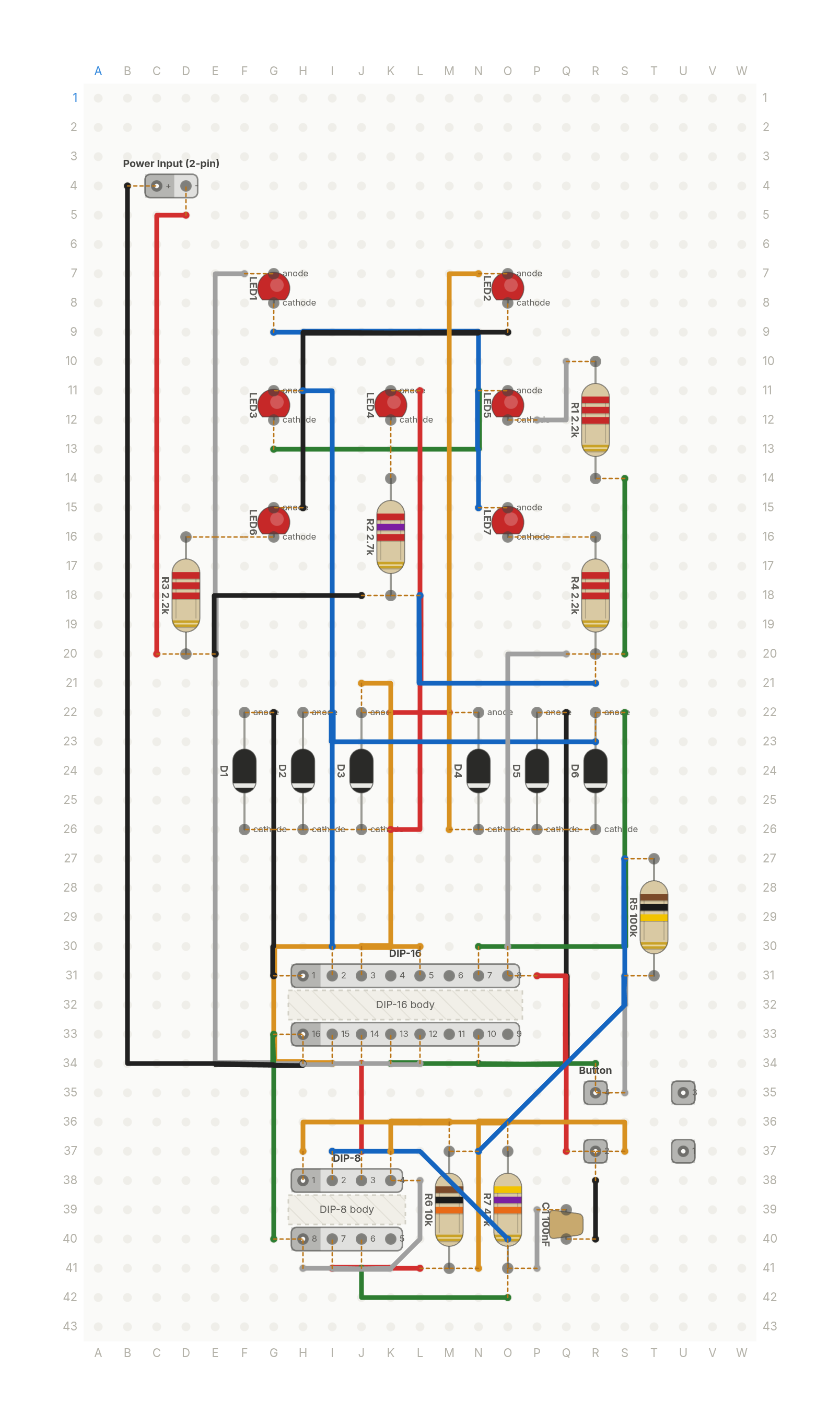 Perfboard layout of Dice that roll themselves, from two chips