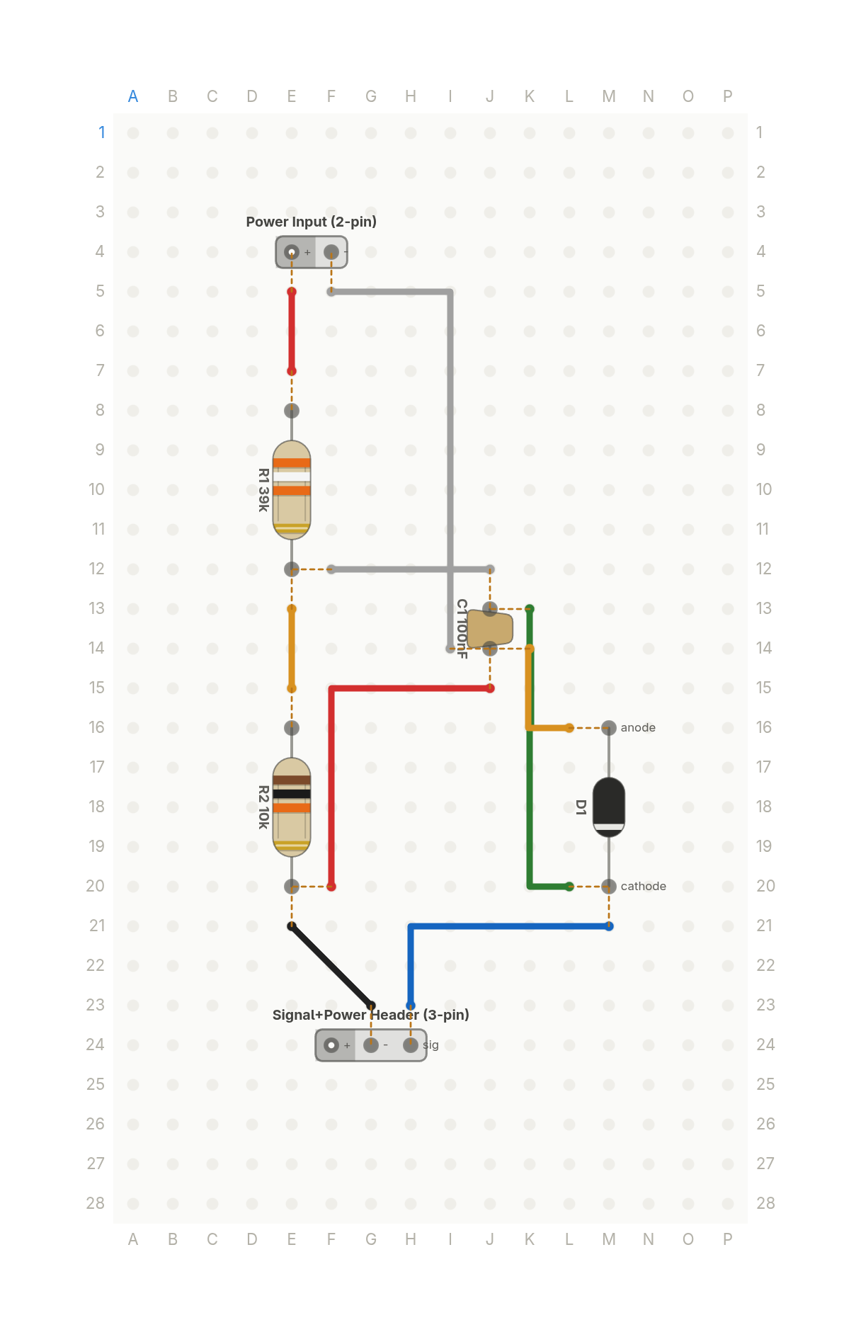 Perfboard layout of How your ESP32 reads a 12V battery: the voltage divider